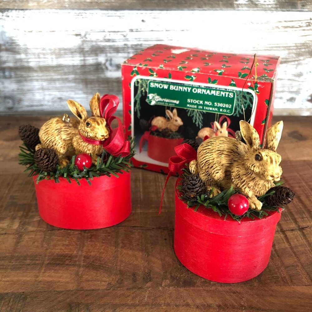 Christmas Around The World Snow Bunny Ornaments Vintage In Box Set Of 2 Nature